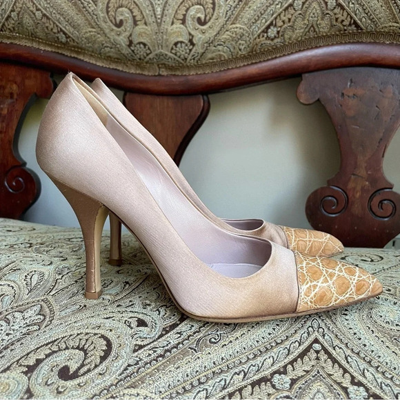 Prada Shoes - Prada Satin Blush Pink Snake Skin Toe Raso Heels Cocco Cammeo Cipria Size 7 COA